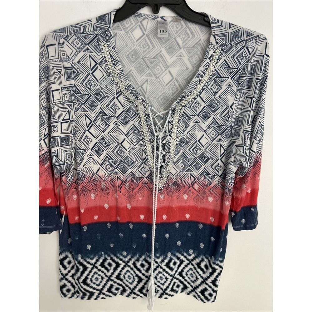 Thomas & Olivia Women's Xl 3/4 Sleeve Pullover Top Sequence Fringe Tie Light